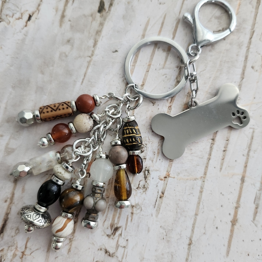 Dog Bone Purse Charm or Keychain Stone Glass Wood Handcrafted